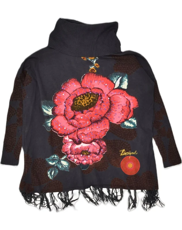 DESIGUAL Womens Graphic Roll Neck Jumper Sweater UK 10 Small Navy Blue Wool Fabric Cashmere Fabric Tweed Fabric