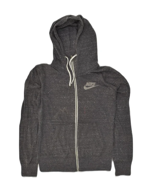 NIKE Womens Zip Hoodie Sweater UK 10 Small Grey Flecked Cotton Terry Blend Velvet Blend Canvas Blend