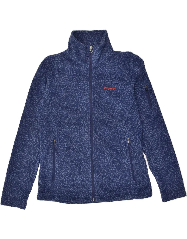 COLUMBIA Womens Abstract Pattern Fleece Jacket UK 14 Medium Navy Blue One-Shoulder Jacket Off-the-Shoulder Jacket Asymmetrical Jacket