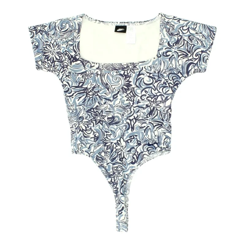 Nike Funky Floral Print Womens Blue White Bodysuit | Vintage 90s 1 Piece Gymwear Fashionable Bodysuit with Long Sleeves