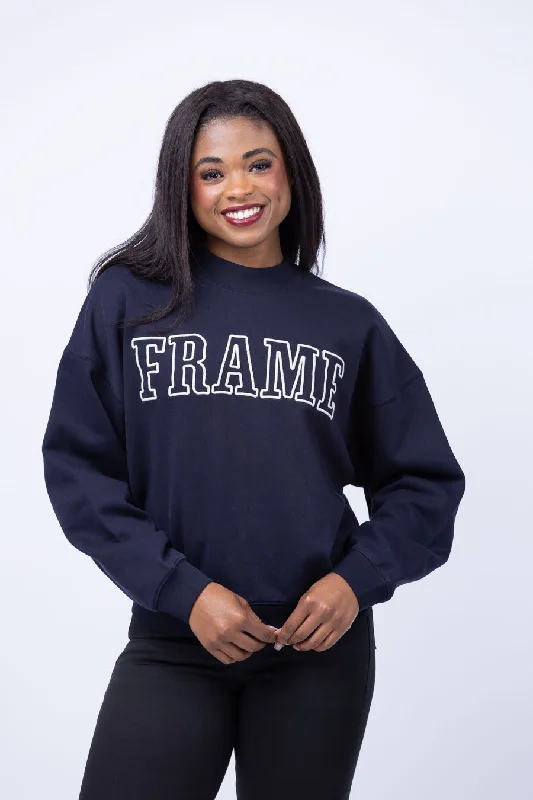 Frame Block Letter Sweatshirt in Navy Hoodie with Batwing Sleeves Loose Dramatic