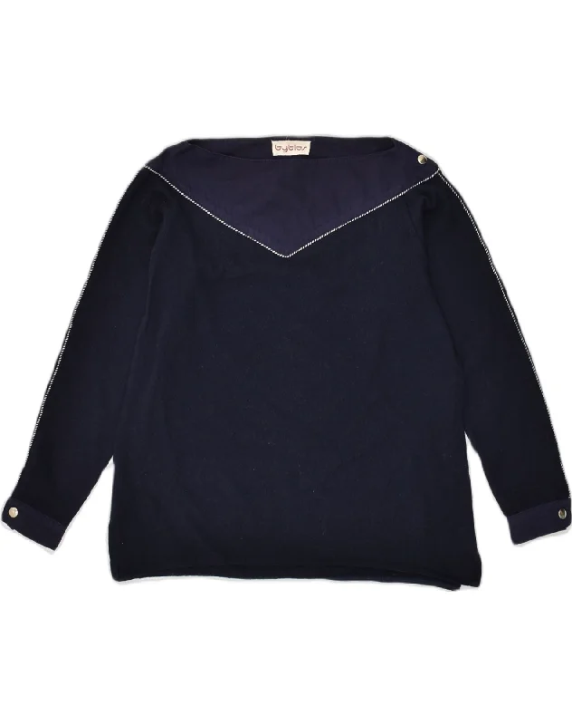 BYBLOS Womens Boat Neck Jumper Sweater EU 40 Medium Navy Blue Wool Chenille Brocade Lace