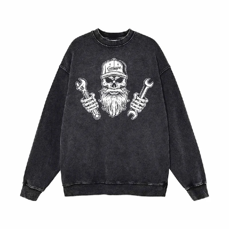 Skull Mechanic Holding Wrenches Vintage Washed Sweatshirt Hoodie with Raw Hem Edgy Unfinished