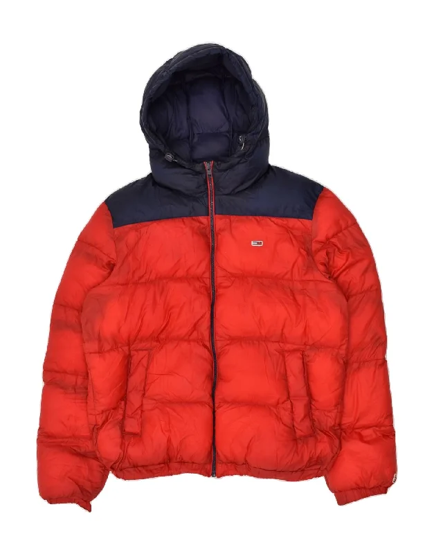 TOMMY HILFIGER Womens Hooded Padded Jacket UK 14 Medium Red Colourblock Mesh Jacket Canvas Jacket Denim Jacket