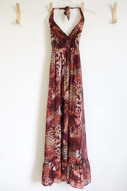 Xhilaration Chiffon Brown Maroon Halter Neck Animal Print Dress | XS Tunics Sophisticated sleek