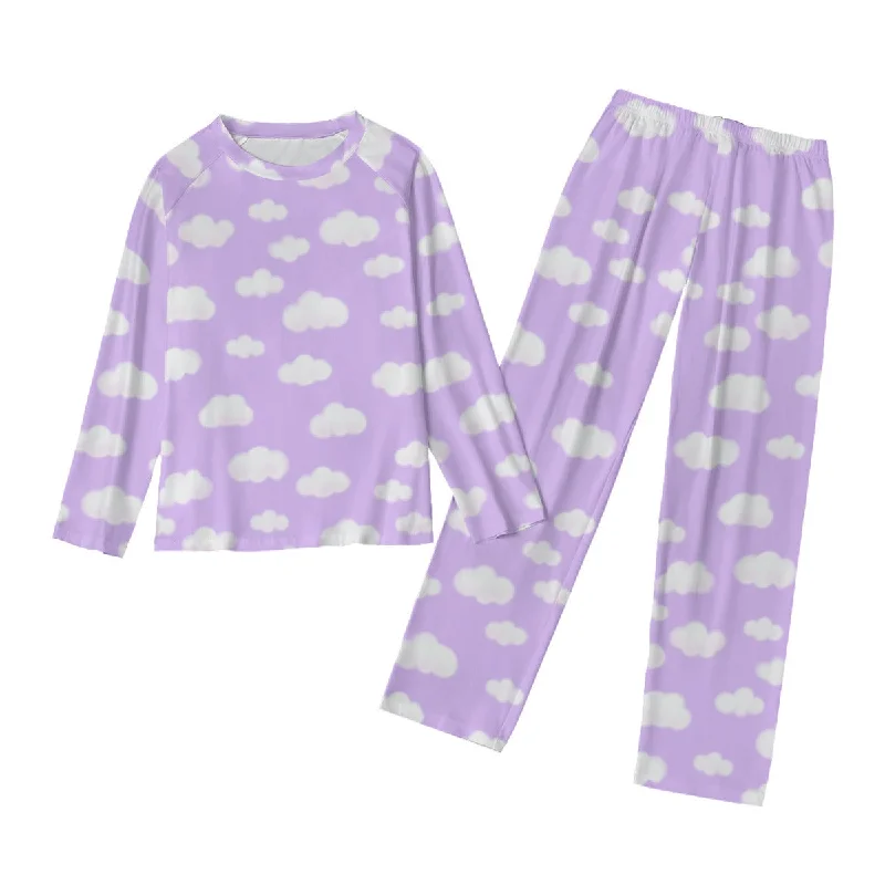 Dreamy Clouds Women's Raglan Long Sleeve Top With Wide Ankle Pants Pajamas Set (Lilac) Soft Cotton Pants