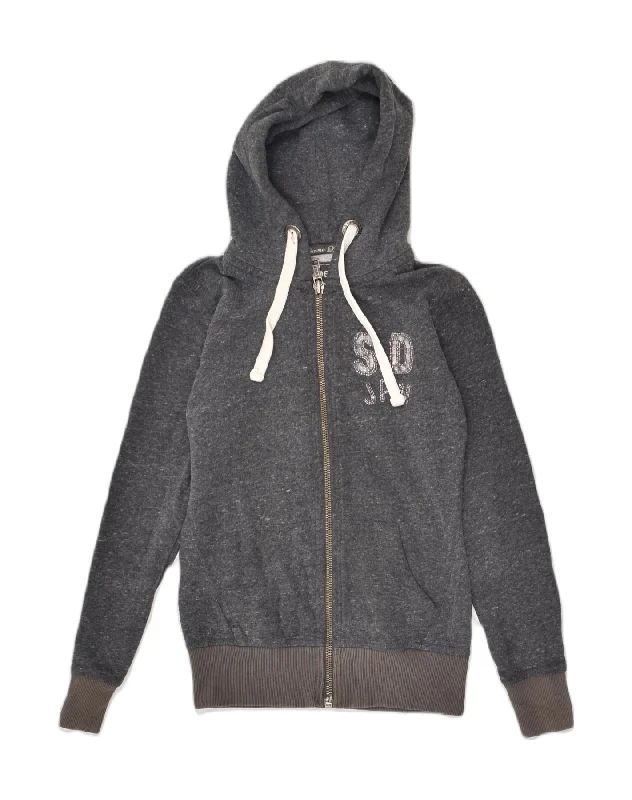 SUPERDRY Womens Zip Hoodie Sweater UK 2 2XS Grey Cotton Nylon Fabric Polyester Fabric Spandex Fabric
