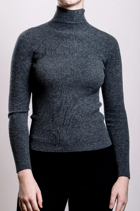 Cashmere Turtle Neck Sweater - Slate Ribbed Striped Patterned