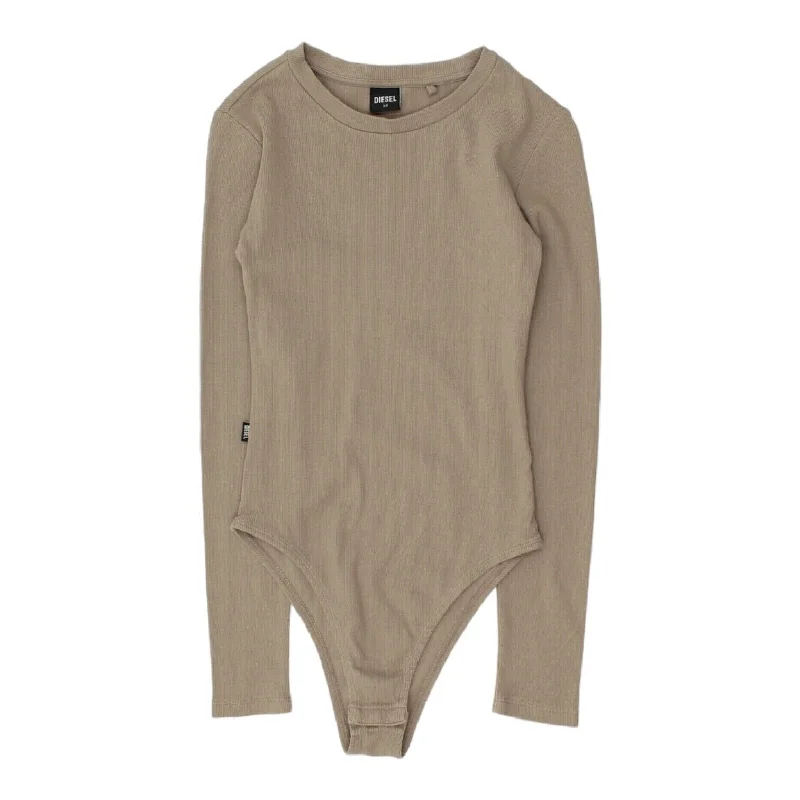 Diesel Womens Beige Grey Long Sleeve Bodysuit | High End Designer VTG Fashionable Bodysuit with Button Detail