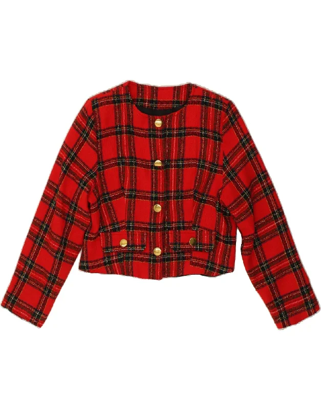 VINTAGE Womens Crop 4 Button Blazer Jacket UK 16 Large Red Check Notch Collar Jacket Peter Pan Collar Jacket Cowl Neck Jacket