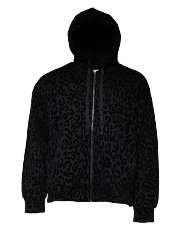 Black Leopard Cotton Hooded Full Zip Sweater Velvet Chenille Corduroy