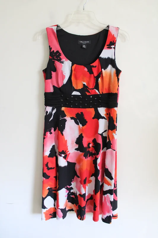 Perceptions Orange Red & Black Floral Dress | 8 Petite Tunic Top Casual