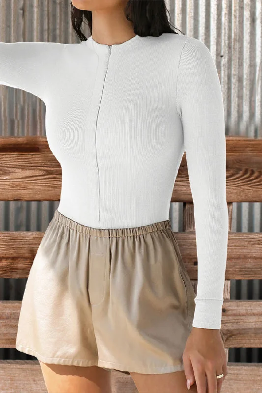Versatile Skinny Invisible Zip Long Sleeve Knit Bodysuit Comfortable Ruffled Bodysuit