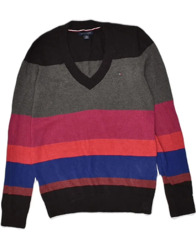 TOMMY HILFIGER Womens V-Neck Jumper Sweater UK 6 XS Multicoloured Striped Machine Wash Dry Clean Hand Wash