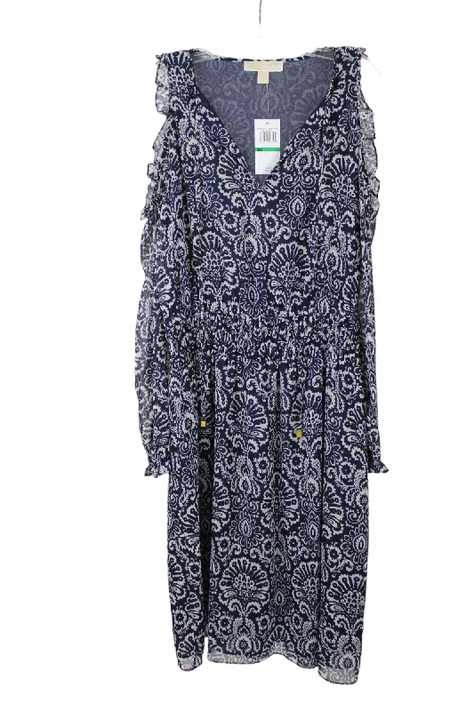 NEW Michael Kors Blue Chiffon Cold Shoulder Gold Shimmer Dress | L empire Waist empire