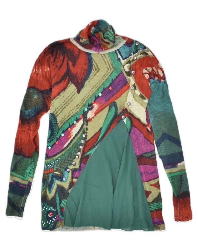 DESIGUAL Womens Roll Neck Jumper Sweater UK 6 XS Multicoloured Patchwork Solid Color Striped Floral Print