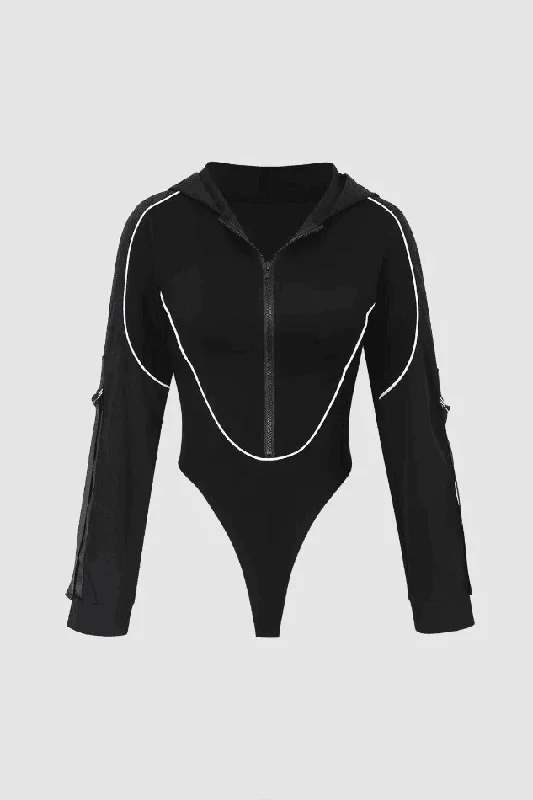 Contrast Stitch Long Sleeve Hooded Bodysuit Elegant Button-Up Bodysuit