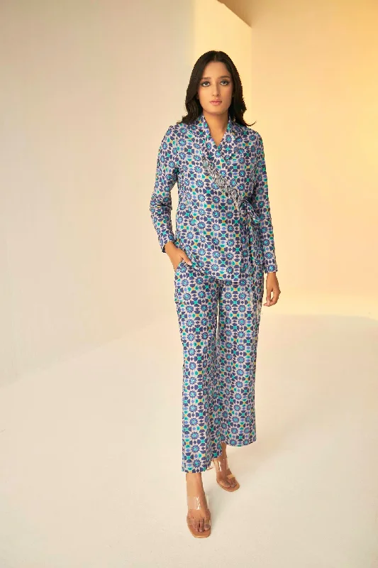 Lilac- Wrap Jacket And Pants Set In Kokand Print Comfy Cargo Trousers