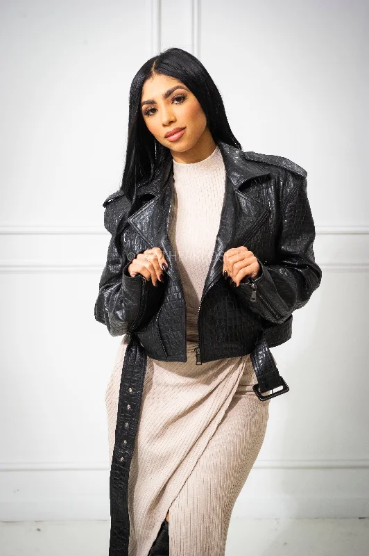Women's Esther Crop Croco Leather Biker Jacket [Black] Satin Fabric Silk Fabric Chiffon Fabric