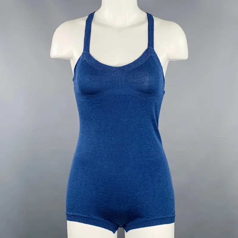 DRIES VAN NOTEN Size S Blue Silk Knit Cross Back Bodysuit Casual Top Stylish Draped Bodysuit