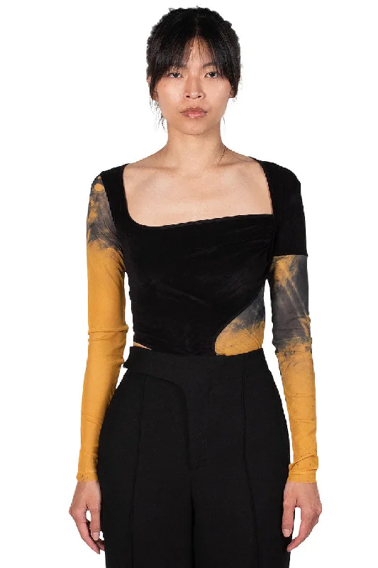 Yellow Printed Mesh Velvet Panelled Bodysuit Fashionable Turtleneck Bodysuit