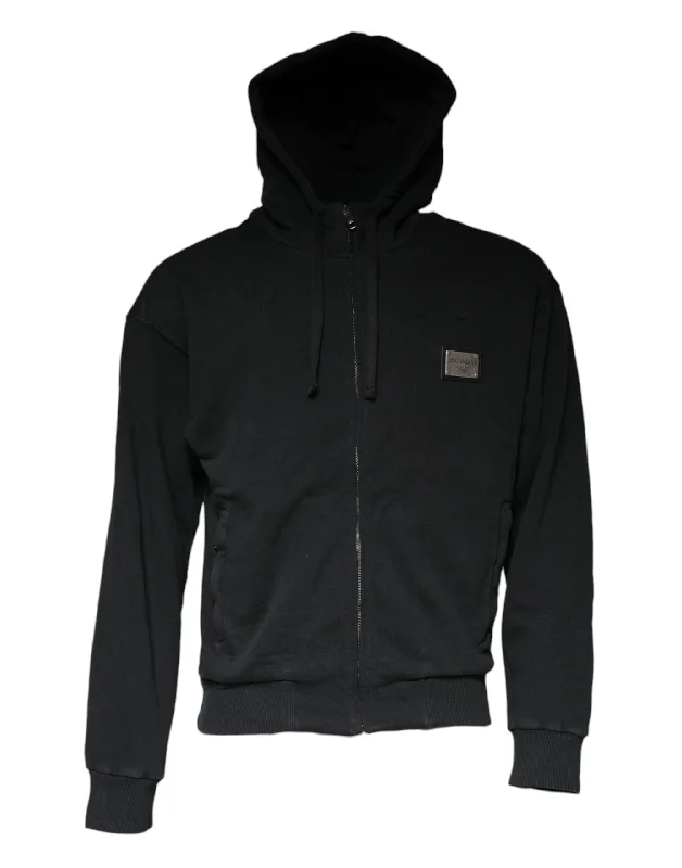 Black Logo Plaque Hooded Full Zip Sweater Anti-Pilling Anti-Shrink Durable
