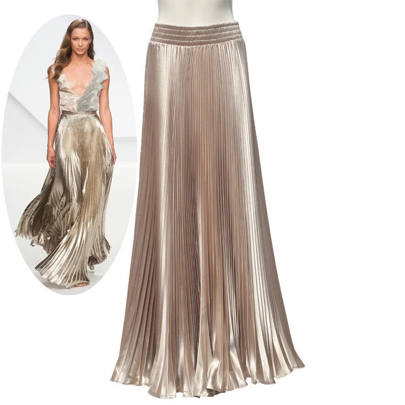 Elegant Metal Gloss Elastic Waist Pleated Smooth Bright Satin Ladies Maxi Long Tulle Women's Skirts chiffon skirt airy