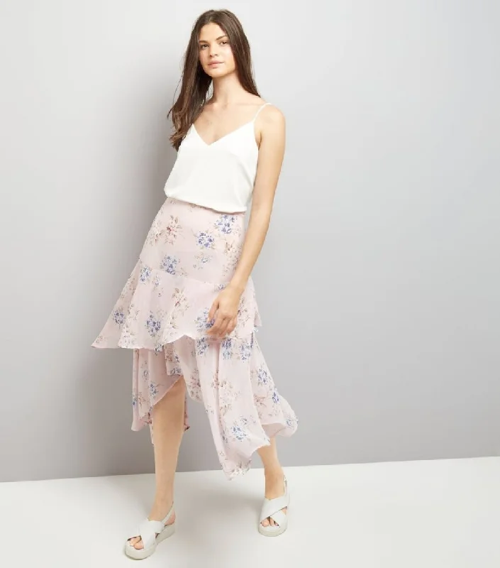 Pink Floral Print Hanky Hem Tiered Midi Skirt chiffon skirt airy