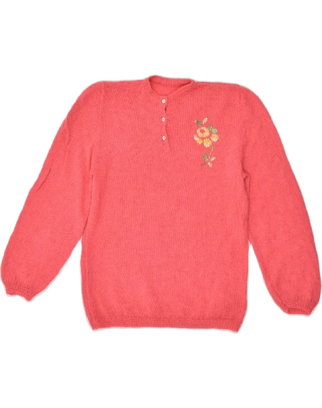 VINTAGE Womens Button Neck Jumper Sweater UK 14 Medium Pink Lightweight Heavyweight Midweight