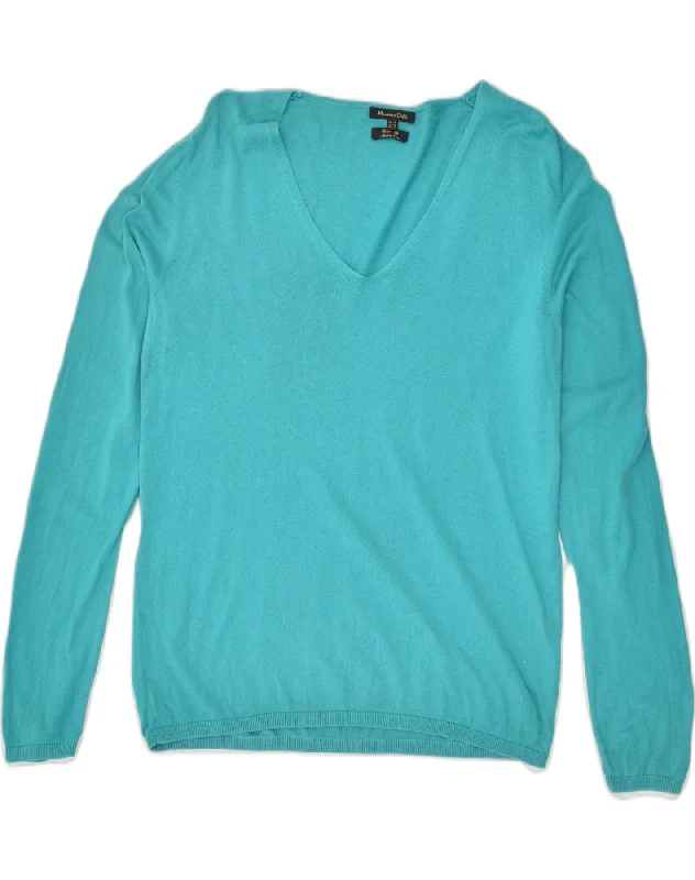 MASSIMO DUTTI Womens V-Neck Jumper Sweater UK 12 Medium Turquoise Cotton Oversized Loose Flowy