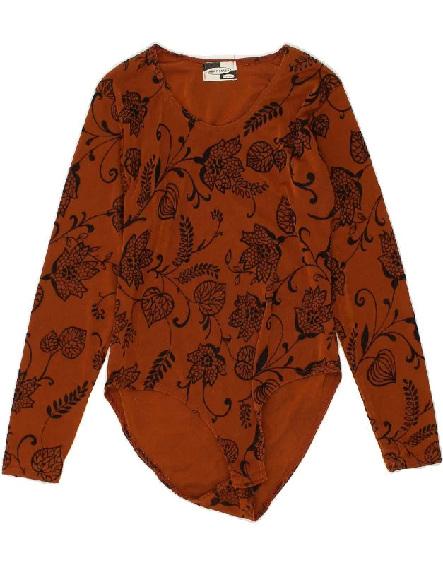 VINTAGE Womens Bodysuit UK 10 Small Brown Floral Stylish Backless Bodysuit