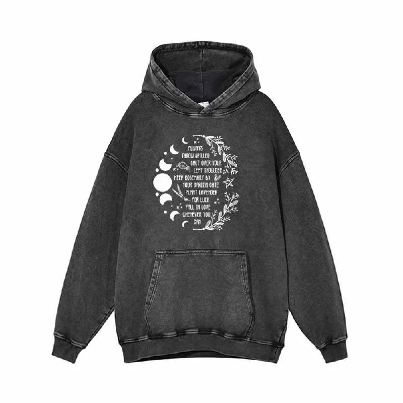 Full Moon Branch Always Throw Vintage Washed Hoodie Hoodie with Hem Applique Textured Unique