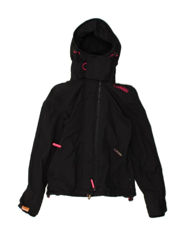 SUPERDRY Womens Hooded Windbreaker Jacket UK 10 Small Black Nylon Front Pockets Side Pockets Patch Pockets