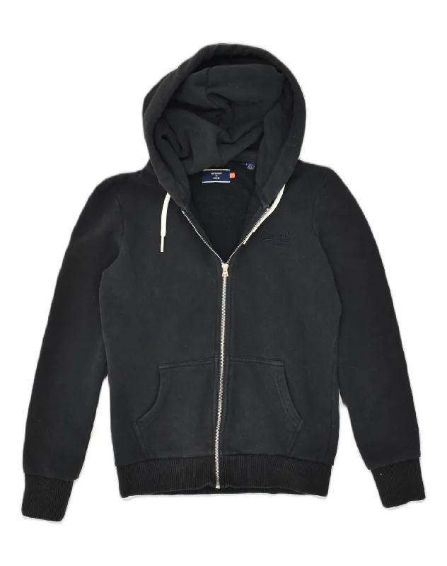 SUPERDRY Womens Zip Hoodie Sweater UK 8 Small  Black Cotton Satin Blend Silk Blend Wool Blend