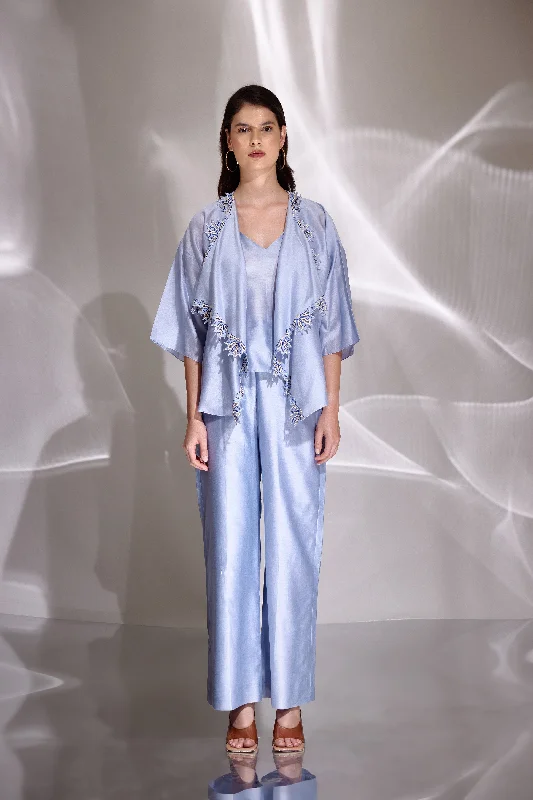 Sky Blue Chanderi Silk Embroidered Shacket & Pants Set Elegant Wool Trousers