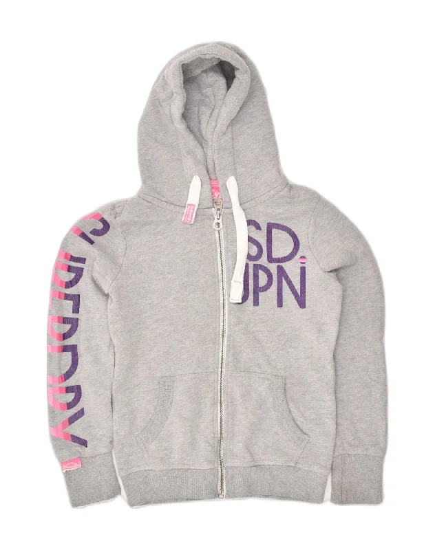 SUPERDRY Womens Graphic Zip Hoodie Sweater UK 6 XS Grey Cotton High Neck Crew Neck V-Neck