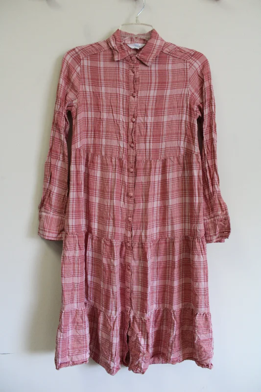 Time And Tru Pink Plaid Tiered Long Sleeved Dress | XS Tunics Distressed trendy