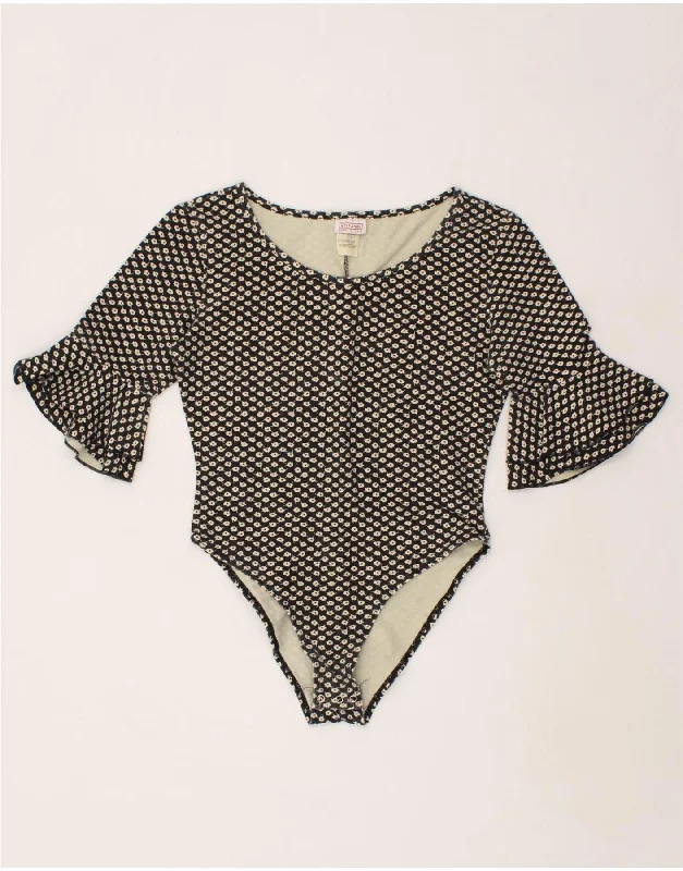 STEFANEL Womens Bodysuit UK 12 Medium Black Floral Cotton Trendy Bodysuit with Zipper
