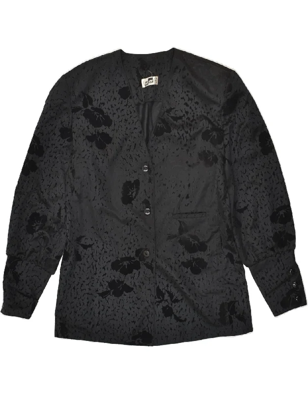 VINTAGE Womens 3 Button Blazer Jacket UK 12 Medium Black Floral Nylon Jacket Polyester Jacket Spandex Jacket