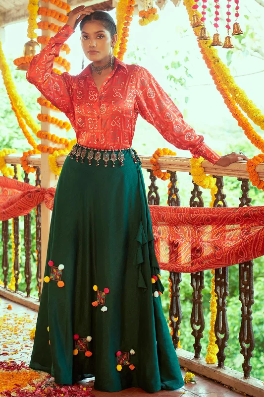 Elegant Green Color Cotton Fabric Navratri Special Top Skirt Set denim skirt stylish