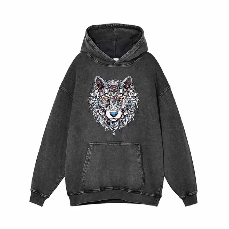 Wolf Head Print Vintage Washed Hoodie Hoodie with Magnetic Closure Innovative Modern