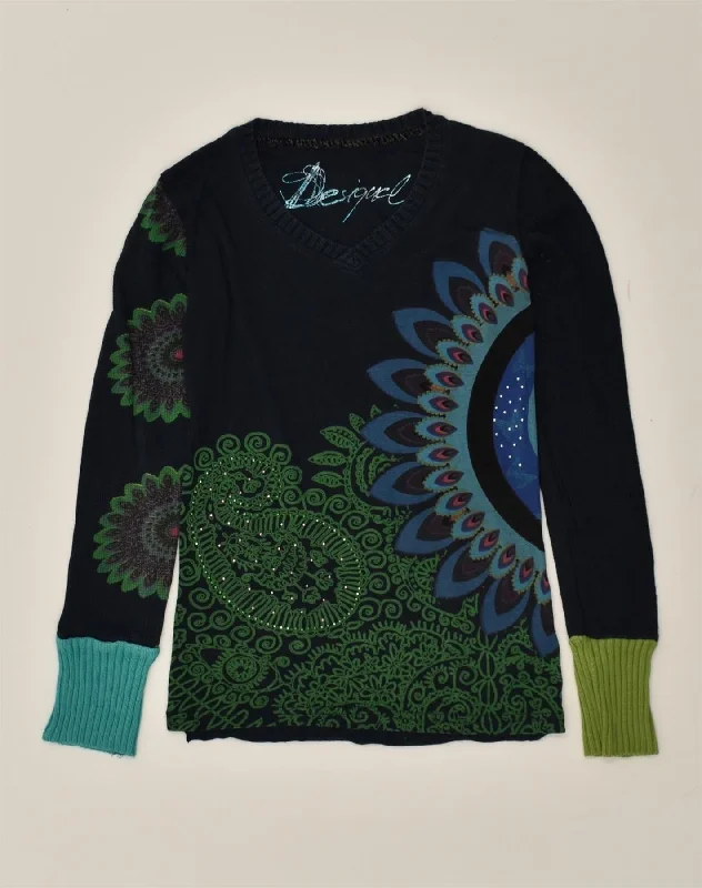 DESIGUAL Womens Graphic V-Neck Jumper Sweater UK 4 XS Navy Blue Ikat Jersey Fabric Tulle Fabric Batik Fabric