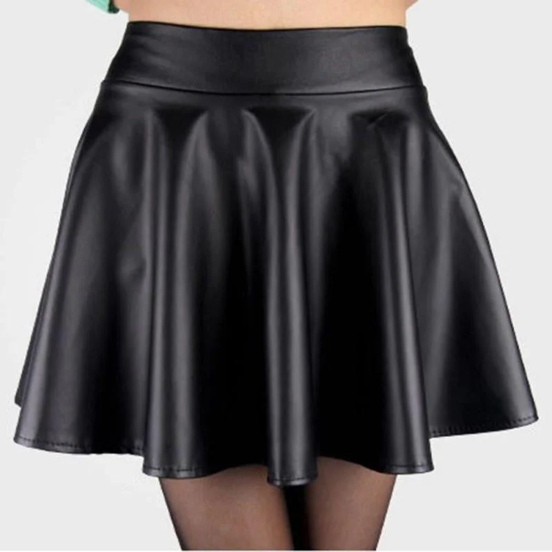 Women Ladies Faux Leather High Waist Skater Flared Pleated Short Mini Skirt corduroy skirt durable