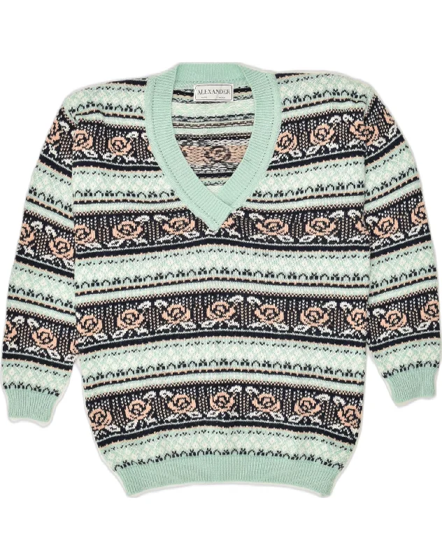ALEXANDER Womens V-Neck Jumper Sweater UK 14 Large  Green Floral Cotton Cashmere Blend Cotton Blend Poly Blend