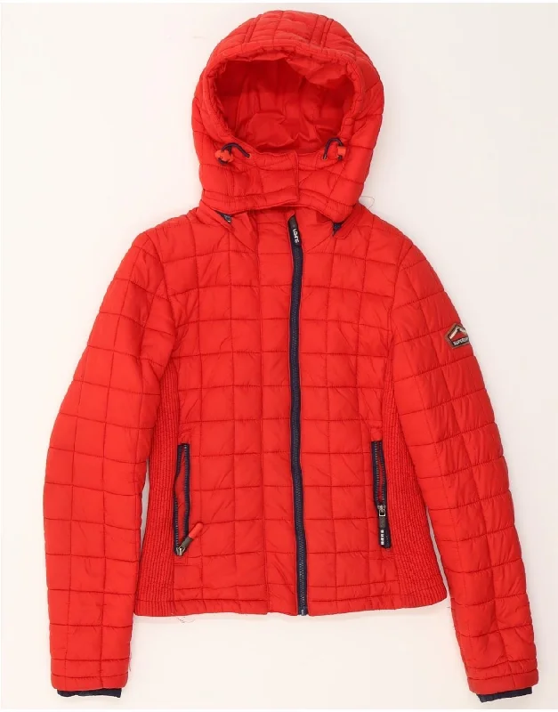 SUPERDRY Womens Hooded Padded Jacket UK 10 Small Red Nylon Plaid Jacket Tartan Jacket Houndstooth Jacket
