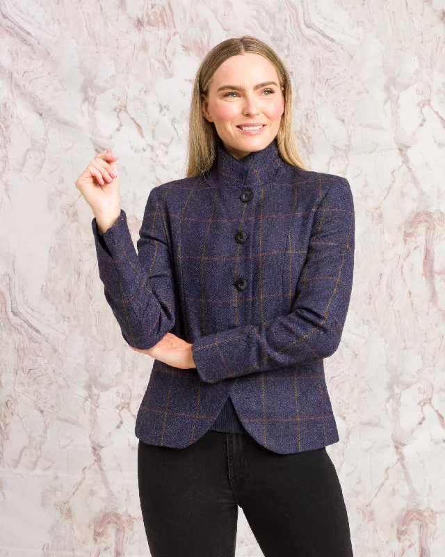 Sasha Tweed Jacket - Prussian Purple Check Stand-Up Collar Roll-Neck Collar Turtle Neck