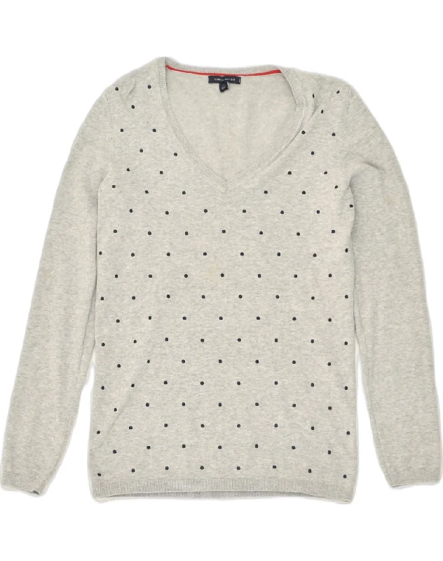 TOMMY HILFIGER Womens V-Neck Jumper Sweater UK 10 Small Grey Spotted Jersey Fabric Tulle Fabric Batik Fabric