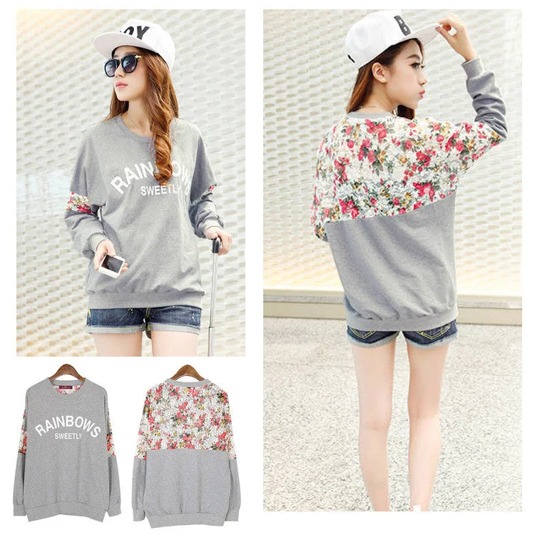 New Fashion Autumn Women's Cotton Loose Patchwork Hoodies Letter Sweatshirt Lace Stitching 3D Flowers Hoodie with Ribbed Hem Stretchable Secure