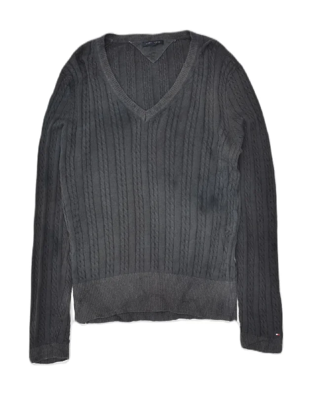 TOMMY HILFIGER Womens V-Neck Jumper Sweater UK 16 Large Grey Cotton Herringbone Houndstooth Plaid