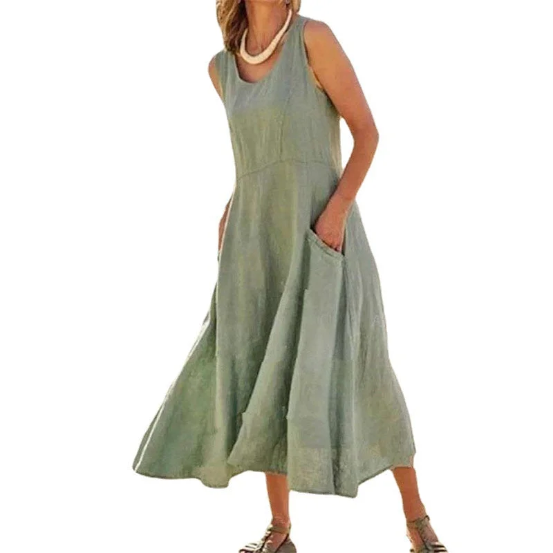 Sleeveless Cotton And Linen Solid Color Beach Dress With Big Swing Skirt Tunics Occasion special